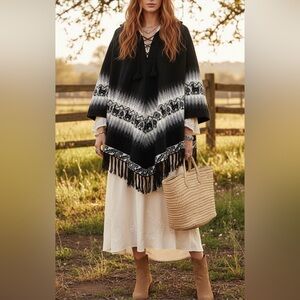 Alpaca Connection Peru Black Wool Blend Lace Up Cape Poncho One Size Bohemian